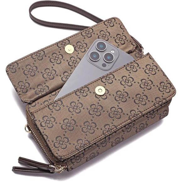 Women Jacquard Bronze Imported Faux Leather Crossbody With Phone Pocket Bag - Picture 3 of 4